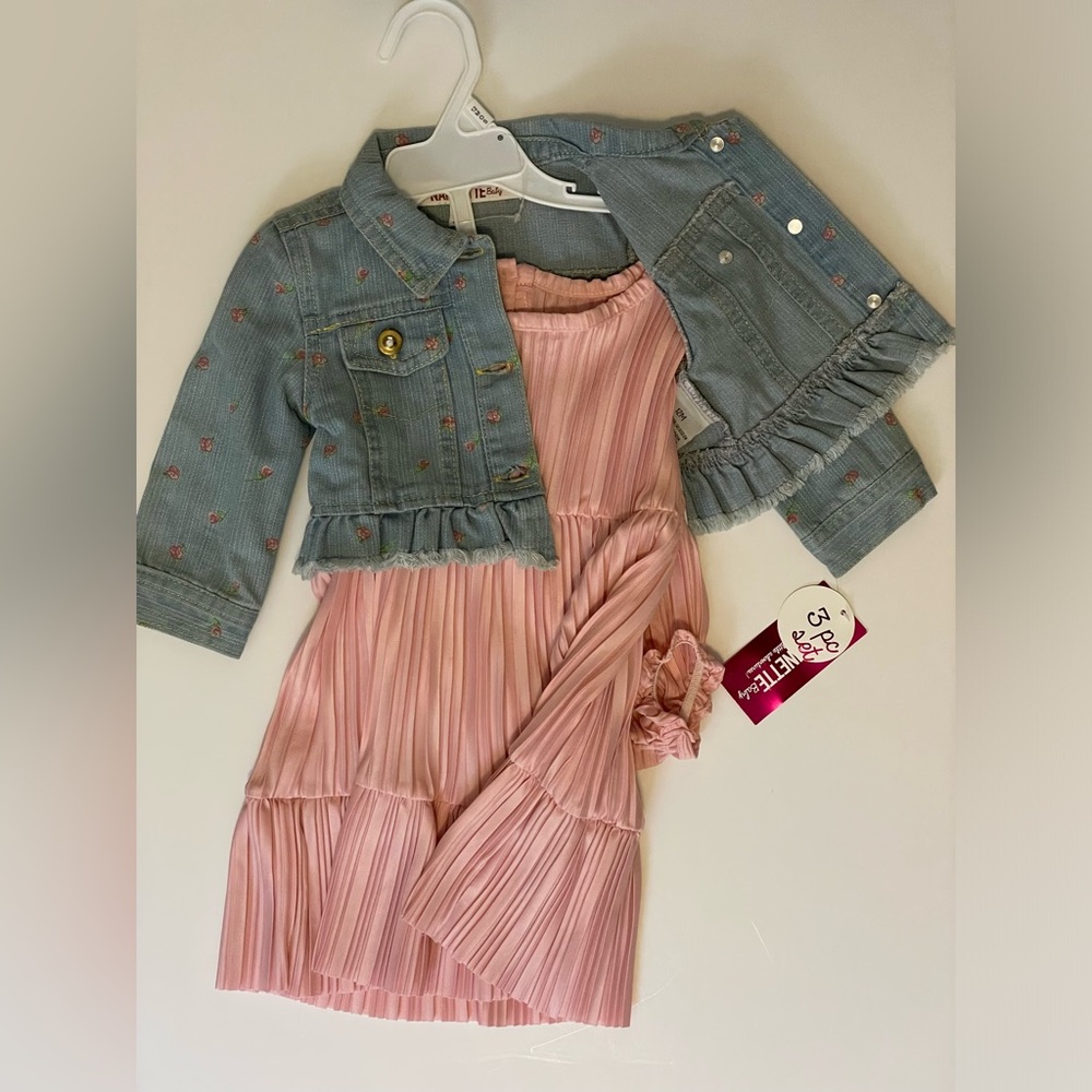 NWT Nannette Baby 3 Pc Set Pink Dress Bloomers Denim Jacket Coral Rose Pleated